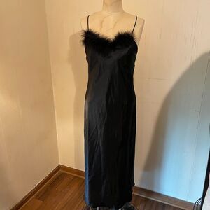 Vintage APPEL Sleepwear BLACK SATIN Slip Dress Gown Marabou Feather Trim L